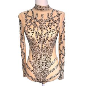 Banjul Tan Nude Mesh Rhinestone Studded Bodysuit Stretch Sheer Clubwear Sz S